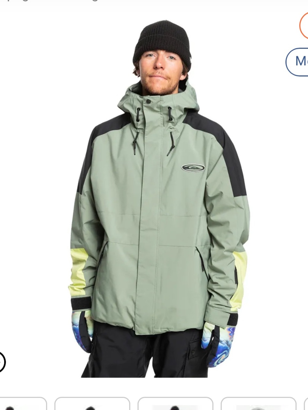 Quiksilver Men's Sage Green and Black Ski Jacket with Yellow Accents